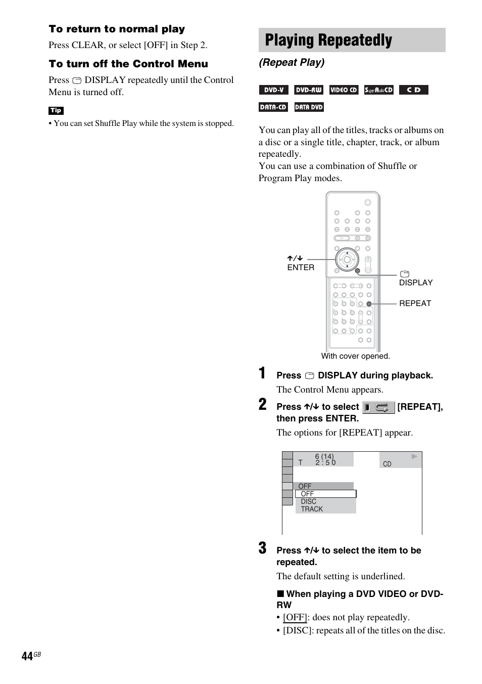 Playing repeatedly, Repeat play) | Sony DAV X1G User Manual | Page 44 / 103