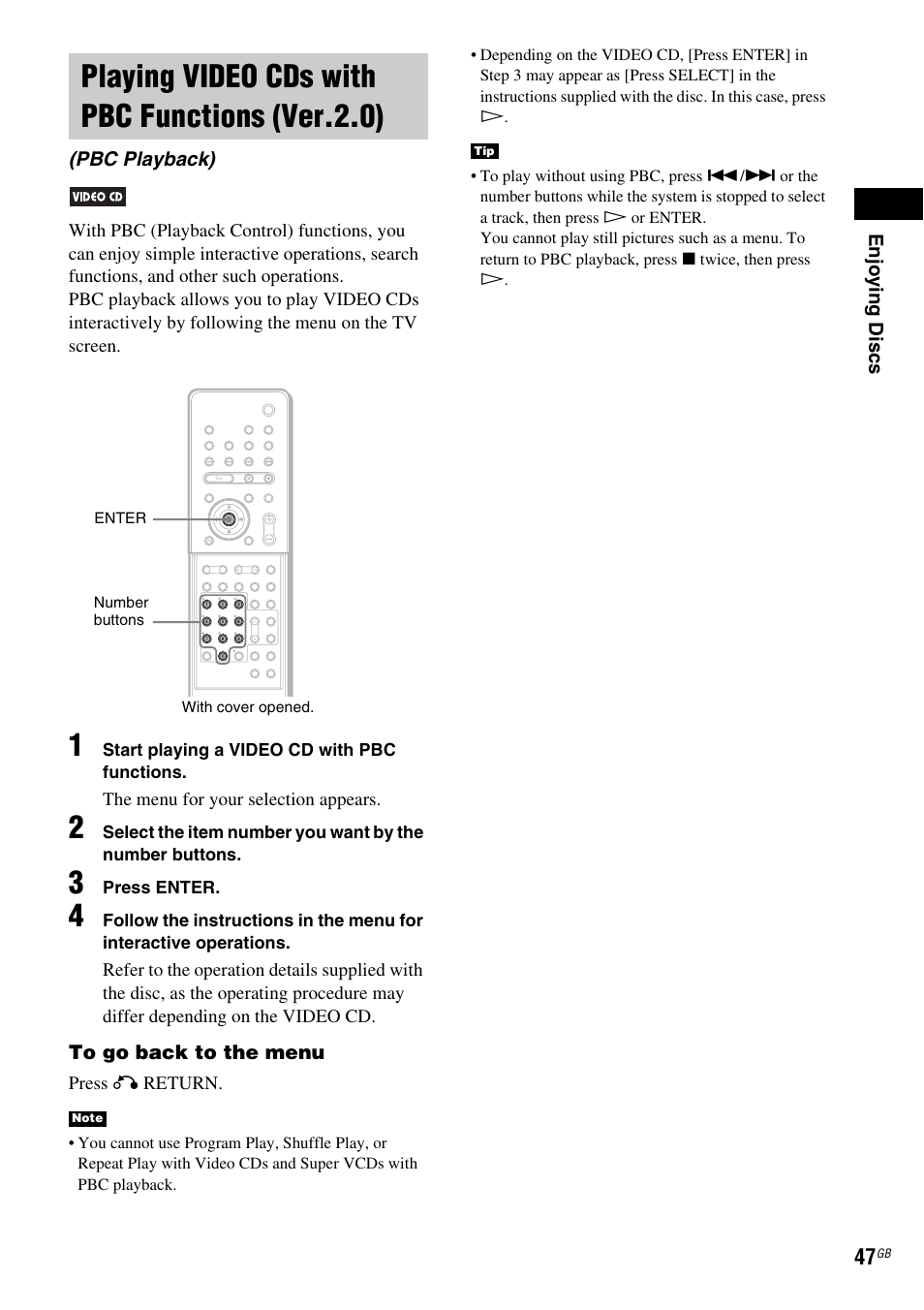 Playing video cds with pbc functions (ver.2.0), Pbc playback), Playing video cds with pbc functions | Ver.2.0) (pbc playback) | Sony DAV X1G User Manual | Page 47 / 103