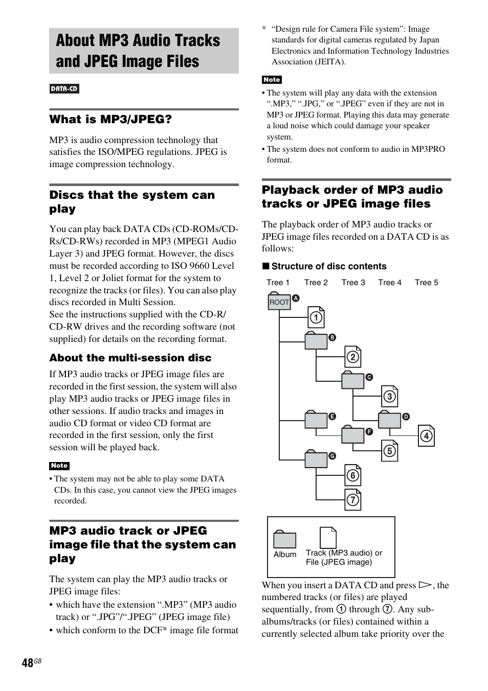 About mp3 audio tracks and jpeg image files, About mp3 audio tracks and jpeg, Image files | What is mp3/jpeg, Discs that the system can play | Sony DAV X1G User Manual | Page 48 / 103