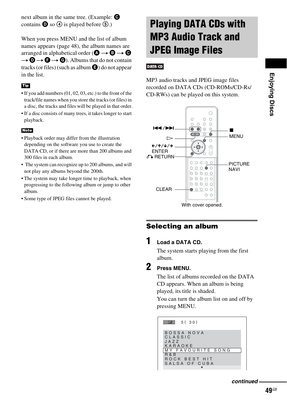 Playing data cds with mp3 audio, Track and jpeg image files, Selecting an album | Sony DAV X1G User Manual | Page 49 / 103