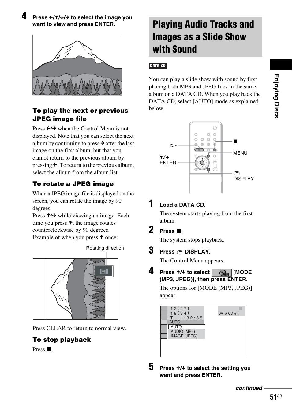 Playing audio tracks and images as a, Slide show with sound | Sony DAV X1G User Manual | Page 51 / 103