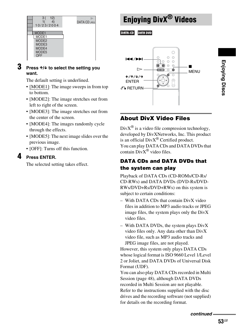 Enjoying divx® videos, Enjoying divx® vide, Enjoying divx | Videos, About divx video files | Sony DAV X1G User Manual | Page 53 / 103
