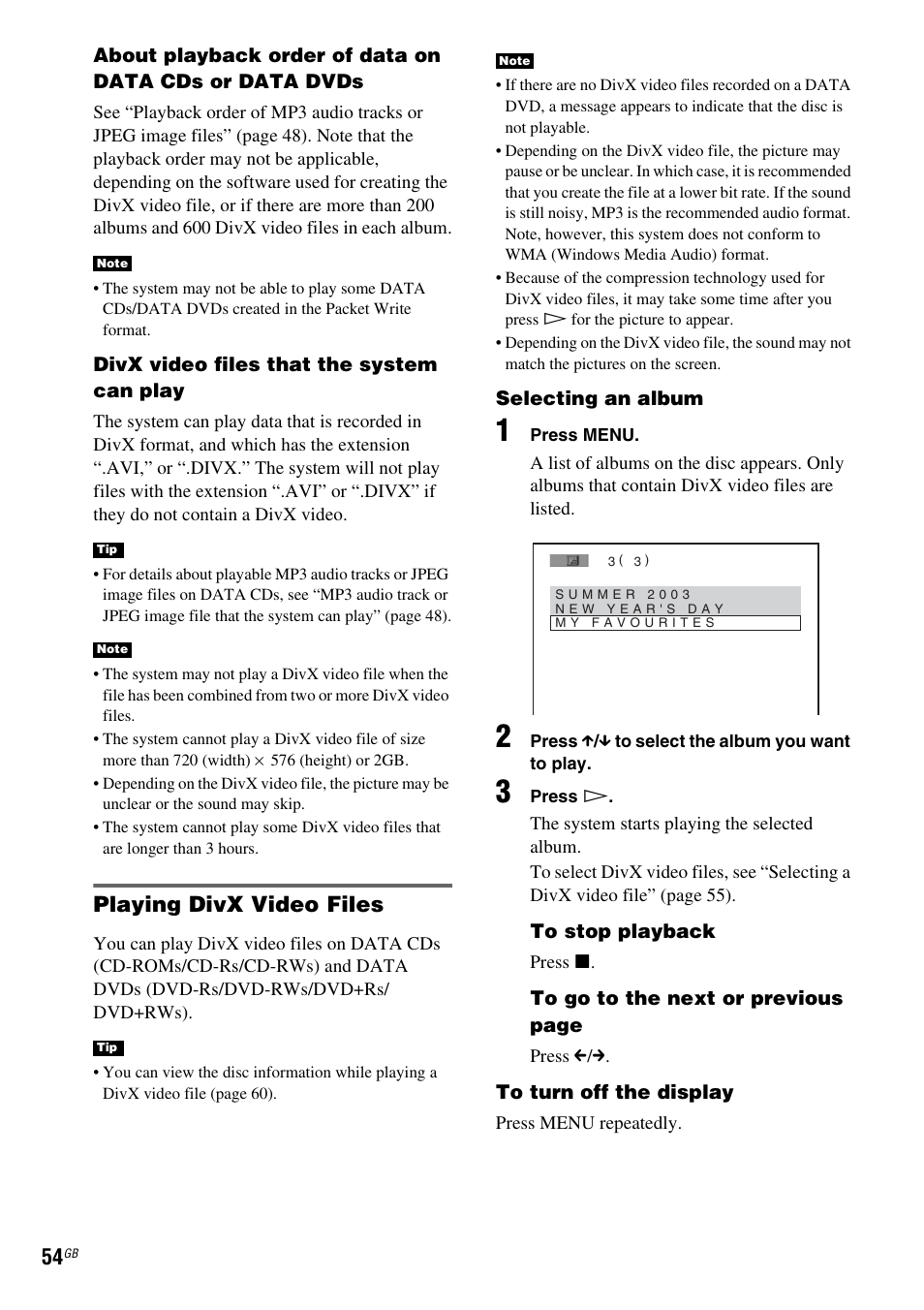 Playing divx video files | Sony DAV X1G User Manual | Page 54 / 103