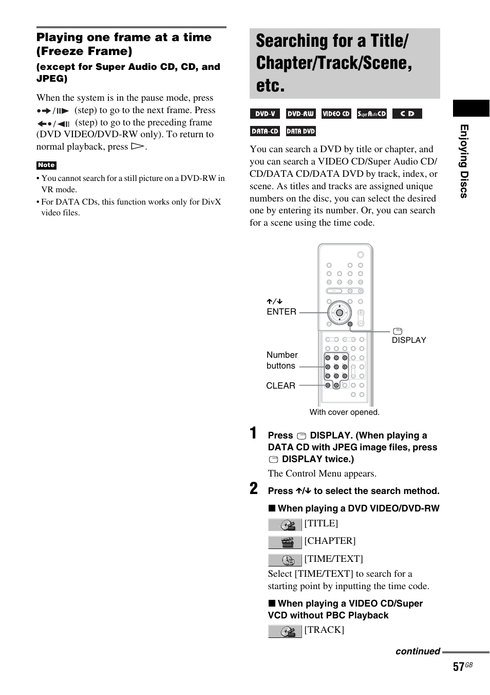 Searching for a title/ chapter/track/scene, etc, Searching for a title/chapter/track, Scene, etc | Sony DAV X1G User Manual | Page 57 / 103