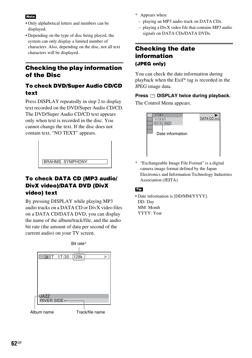 Checking the play information of the disc, Checking the date information | Sony DAV X1G User Manual | Page 62 / 103