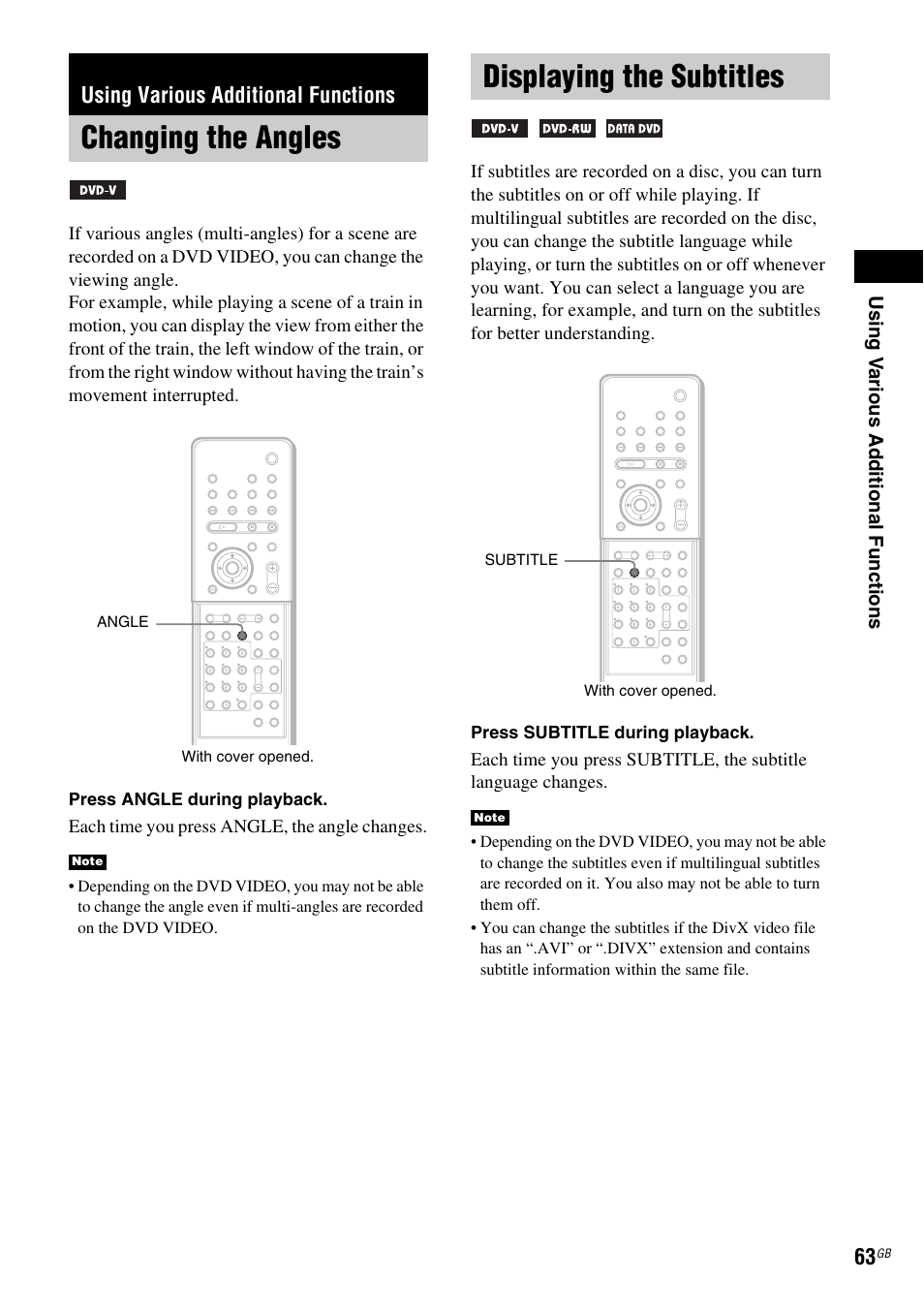Using various additional functions, Changing the angles, Displaying the subtitles | Changing the angles displaying the subtitles | Sony DAV X1G User Manual | Page 63 / 103