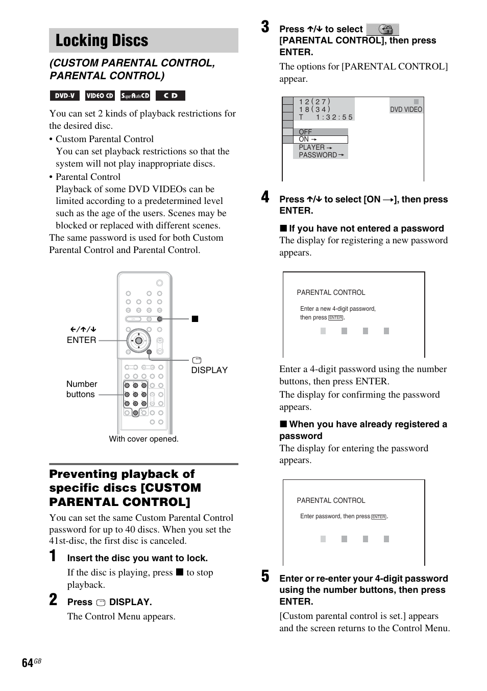 Locking discs, Custom parental control, parental control) | Sony DAV X1G User Manual | Page 64 / 103