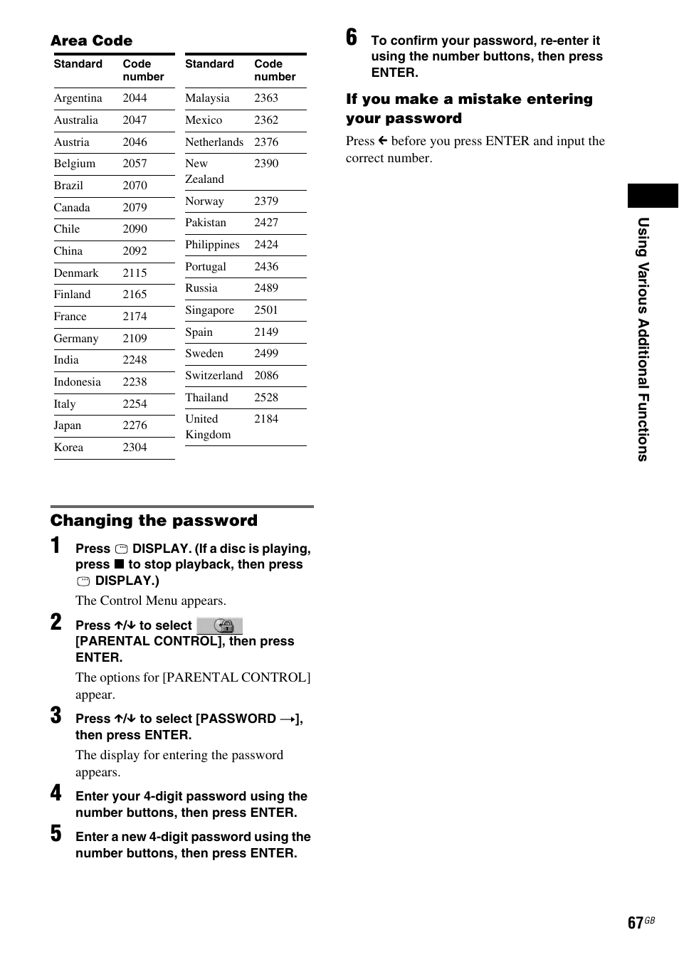 Changing the password | Sony DAV X1G User Manual | Page 67 / 103