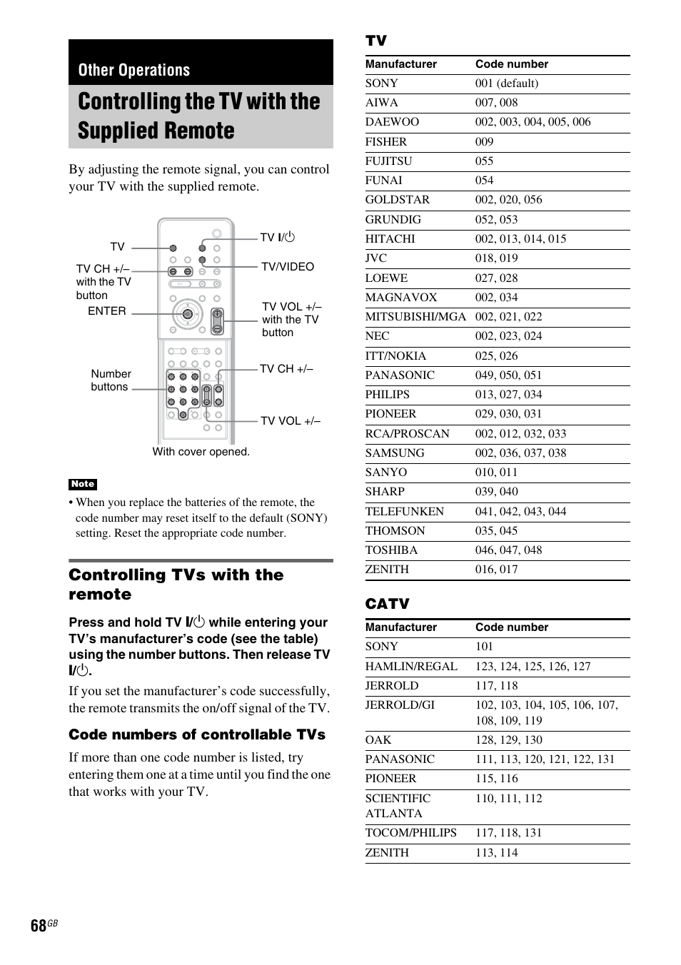 Other operations, Controlling the tv with the supplied remote, Controlling the tv with the supplied | Remote, Controlling tvs with the remote | Sony DAV X1G User Manual | Page 68 / 103