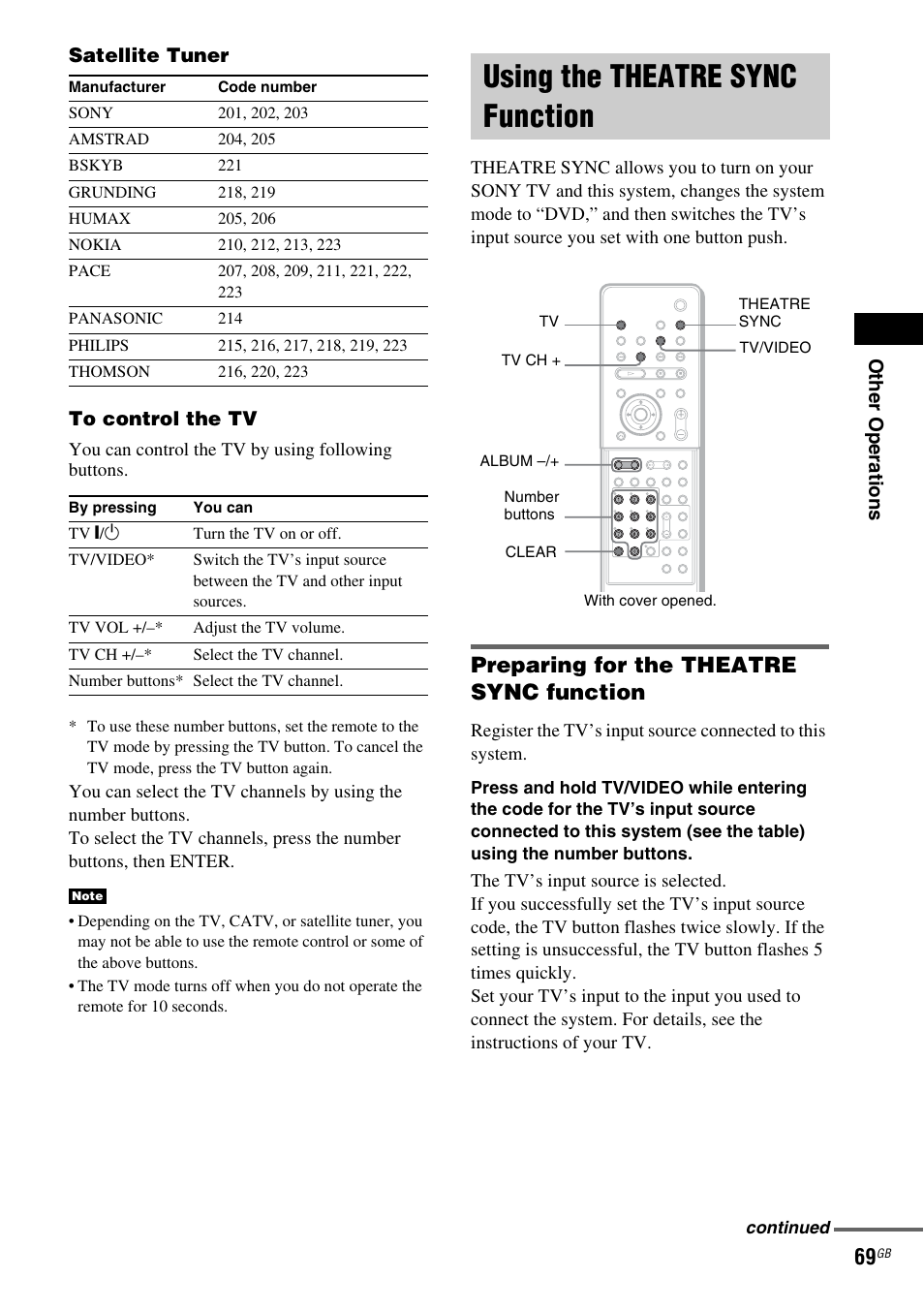 Using the theatre sync function, Using the theatre sync, Function | Preparing for the theatre sync function | Sony DAV X1G User Manual | Page 69 / 103