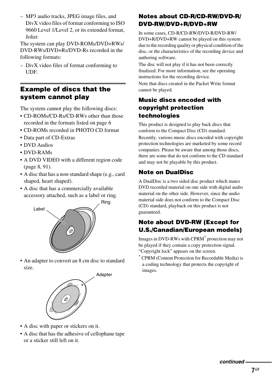 Example of discs that the system cannot play | Sony DAV X1G User Manual | Page 7 / 103
