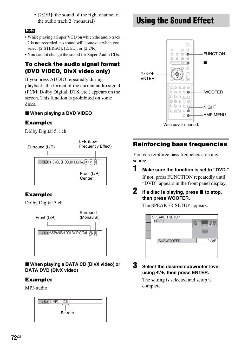 Using the sound effect, Reinforcing bass frequencies | Sony DAV X1G User Manual | Page 72 / 103