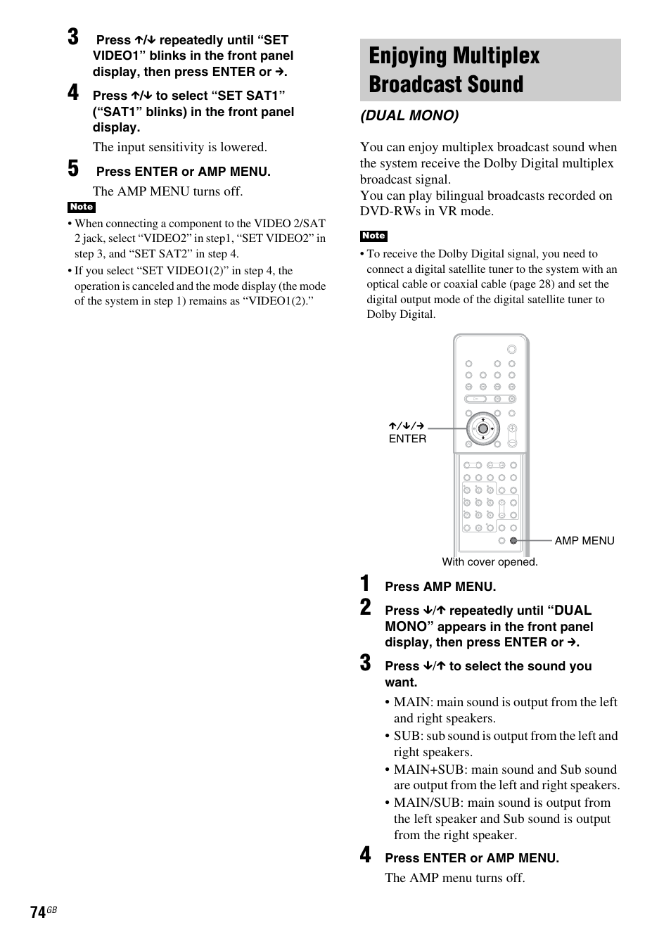 Enjoying multiplex broadcast sound, Dual mono) | Sony DAV X1G User Manual | Page 74 / 103