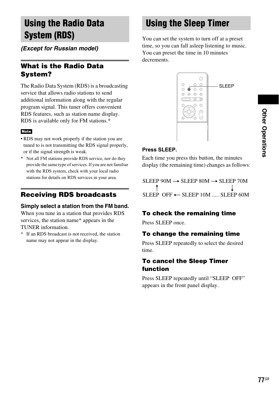 Using the radio data system (rds), Except for russian model), Using the sleep timer | Sony DAV X1G User Manual | Page 77 / 103