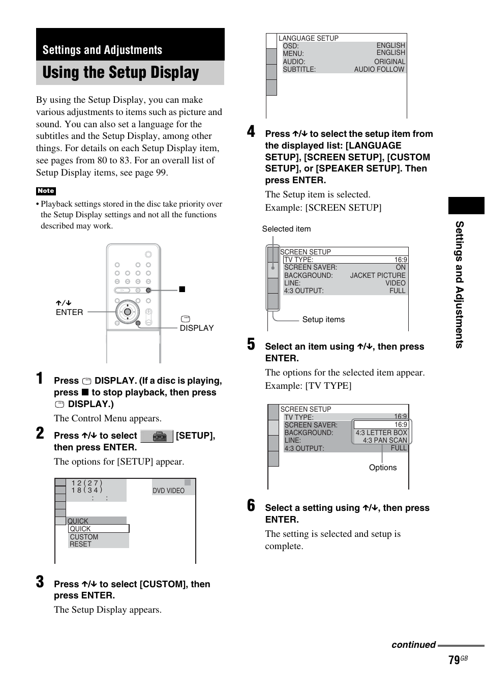 Settings and adjustments, Using the setup display | Sony DAV X1G User Manual | Page 79 / 103