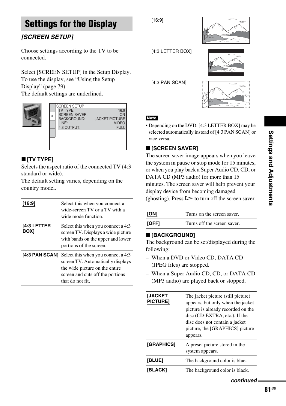 Settings for the display, Screen setup | Sony DAV X1G User Manual | Page 81 / 103