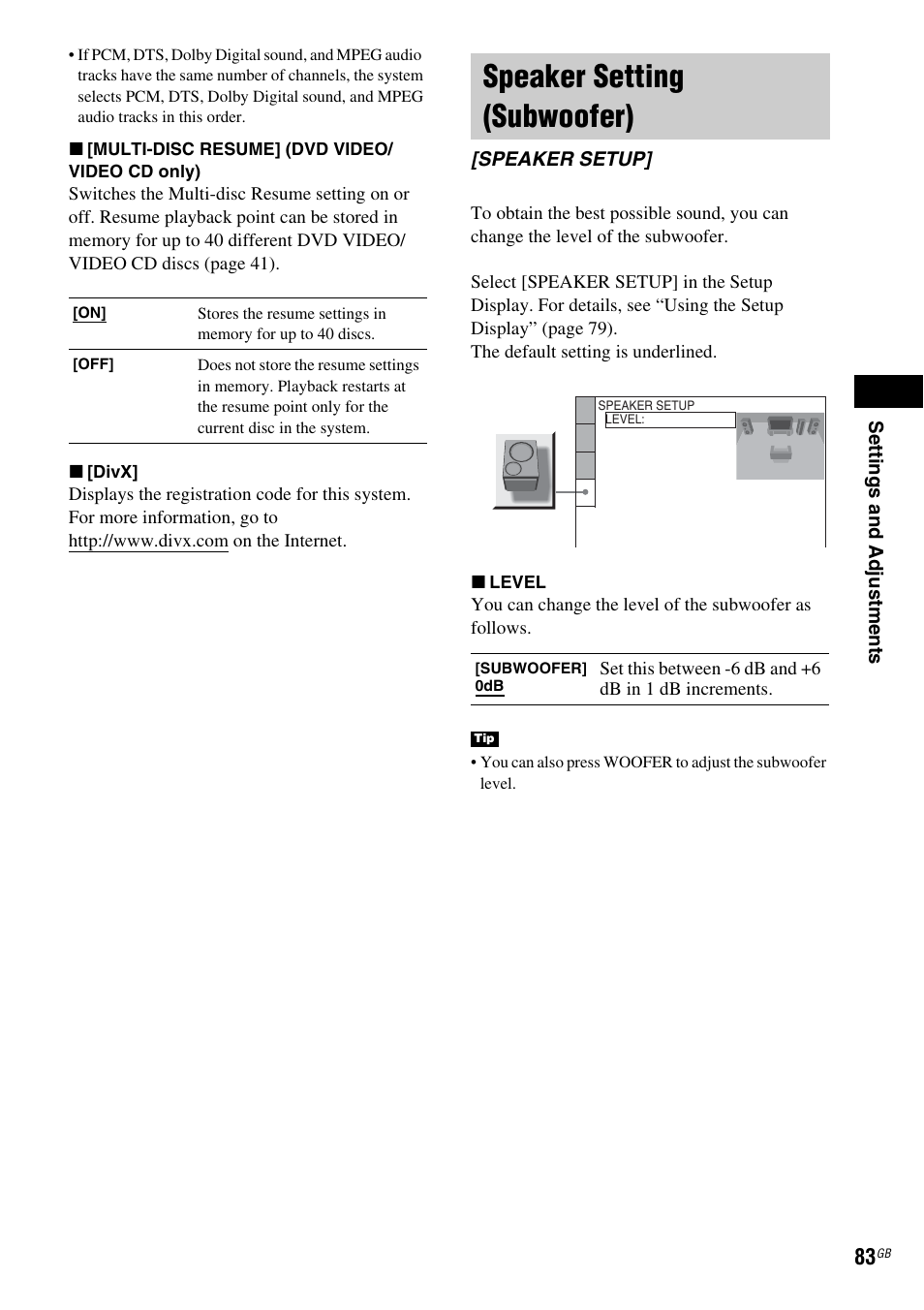 Speaker setting (subwoofer), Speaker setup | Sony DAV X1G User Manual | Page 83 / 103