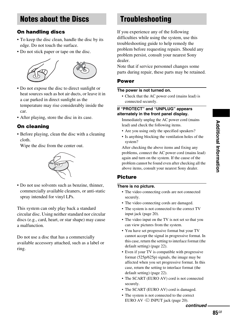 Notes about the discs, Troubleshooting, Notes about the discs troubleshooting | Sony DAV X1G User Manual | Page 85 / 103