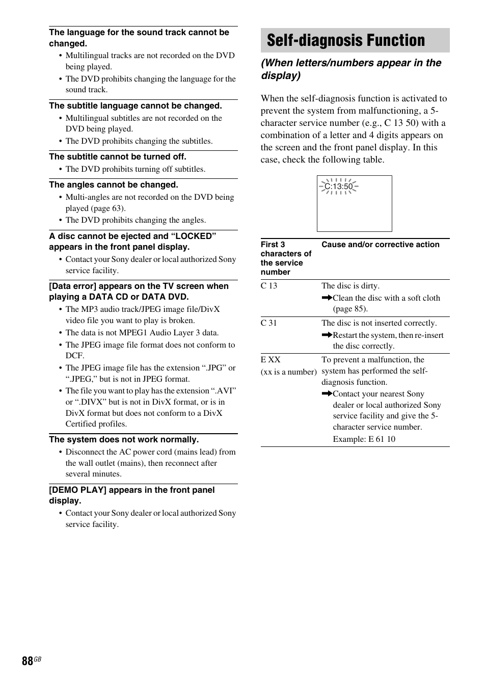 Self-diagnosis function, When letters/numbers appear in the display) | Sony DAV X1G User Manual | Page 88 / 103