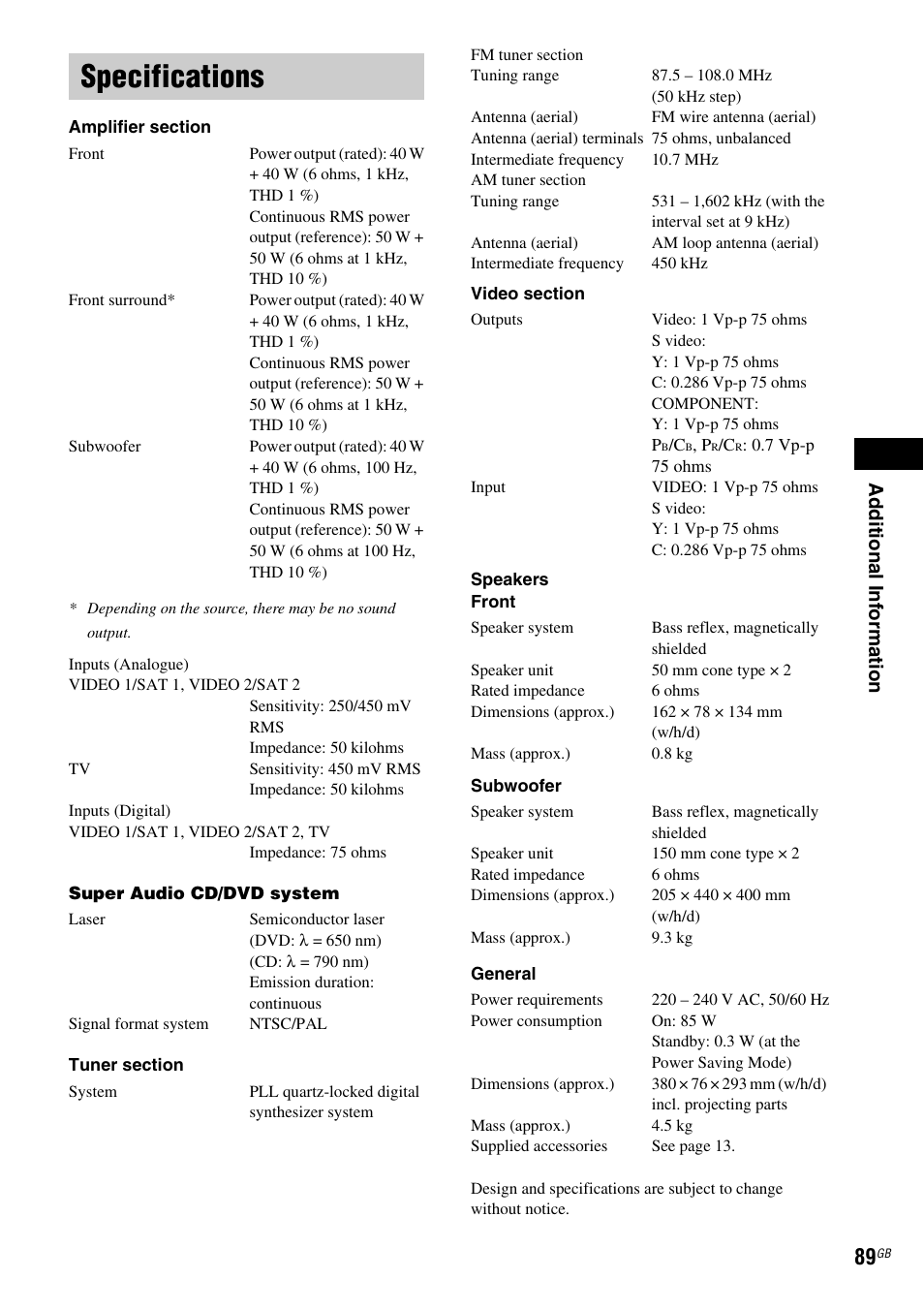 Specifications | Sony DAV X1G User Manual | Page 89 / 103