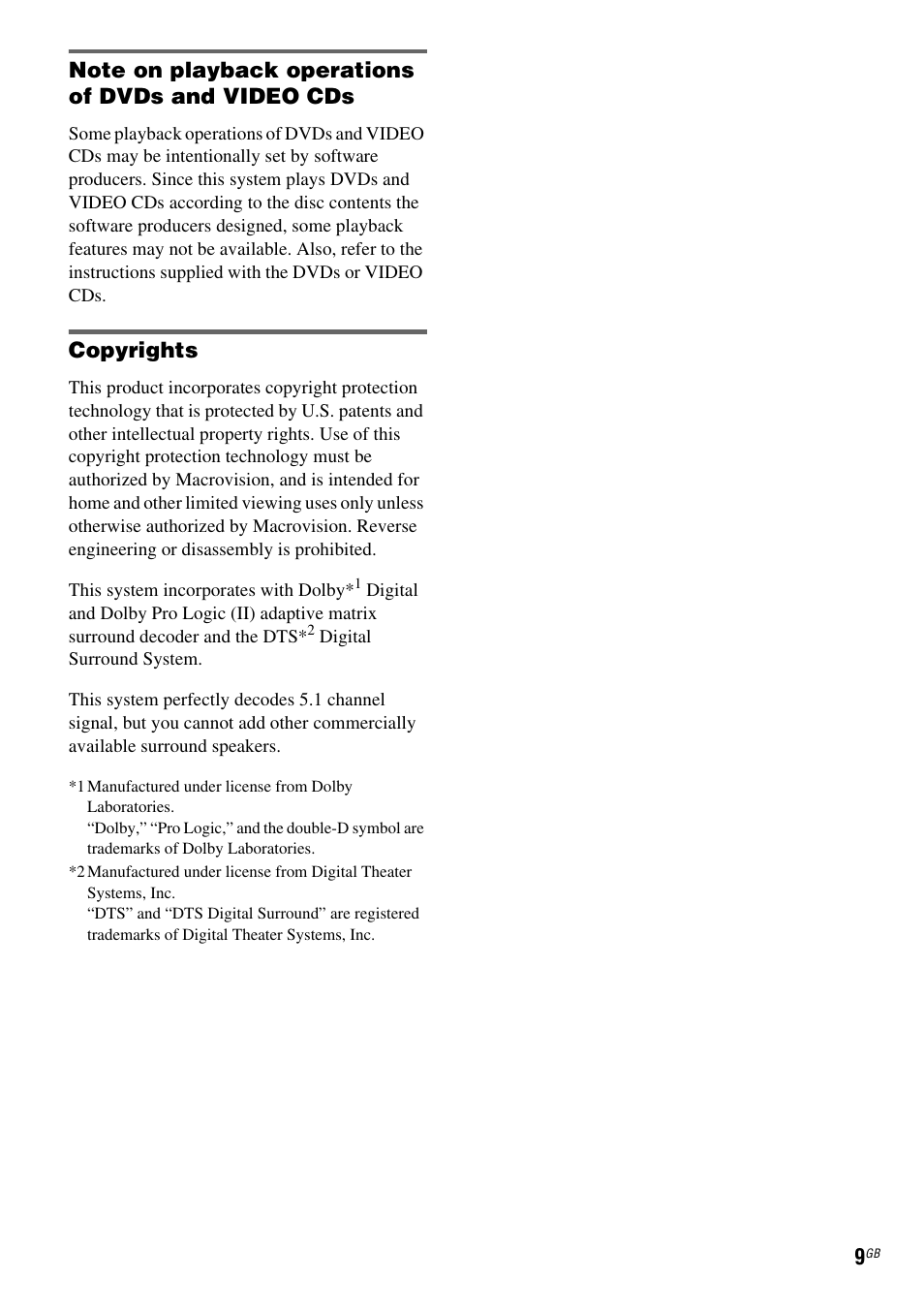 Copyrights | Sony DAV X1G User Manual | Page 9 / 103