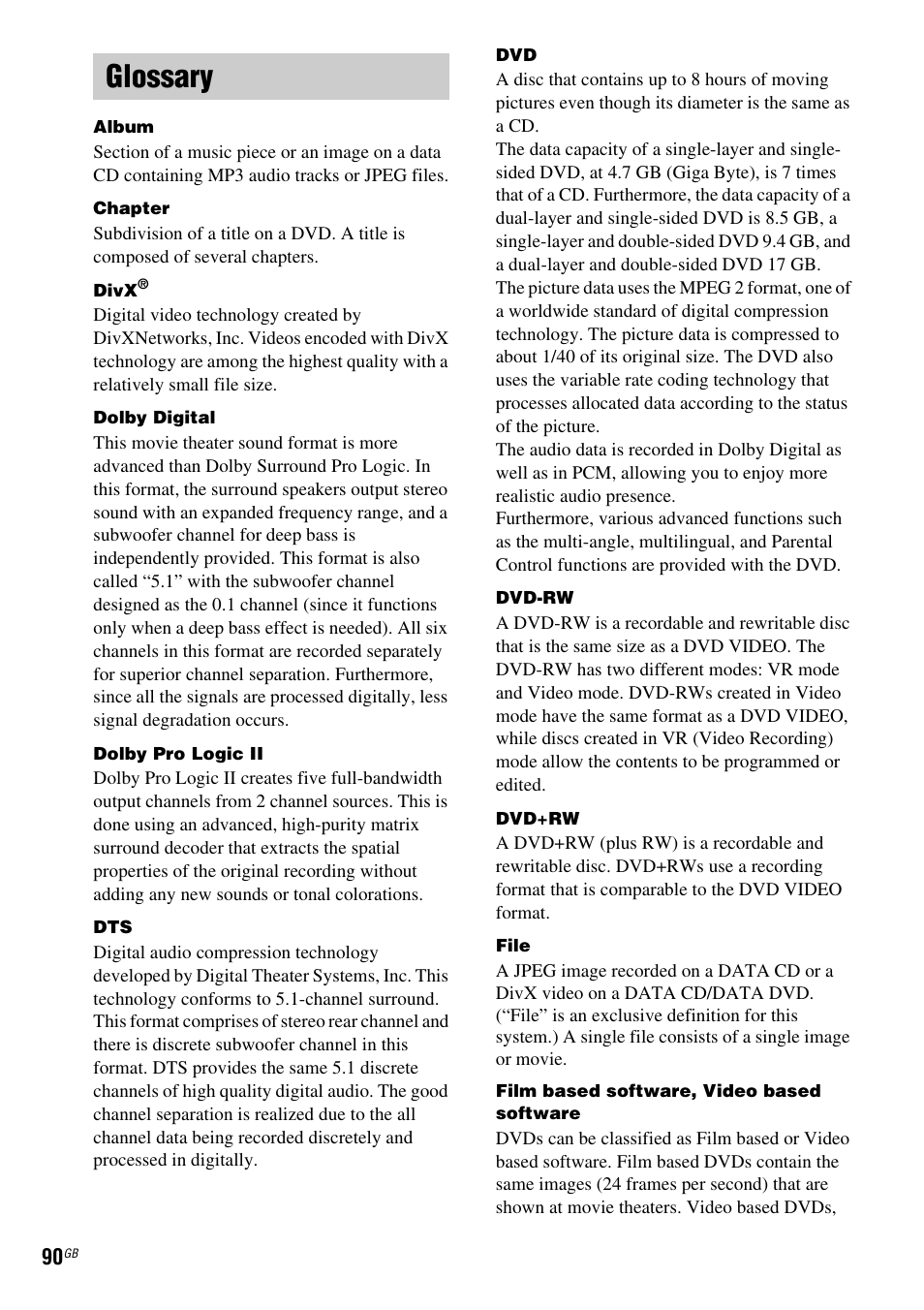 Glossary | Sony DAV X1G User Manual | Page 90 / 103