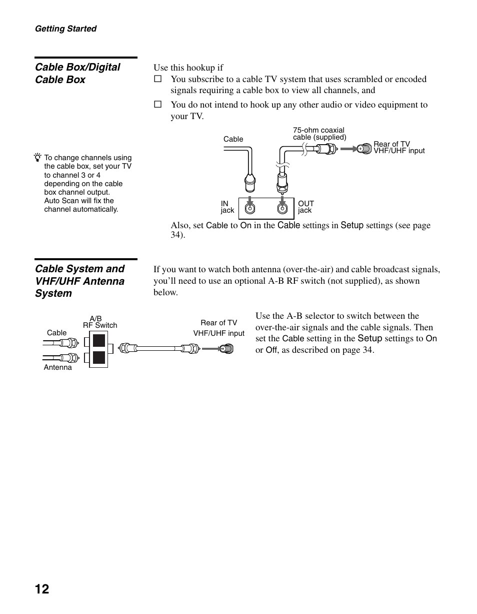 Cable box/digital cable box, Cable system and vhf/uhf antenna system | Sony KDL-40S20L1 User Manual | Page 12 / 48