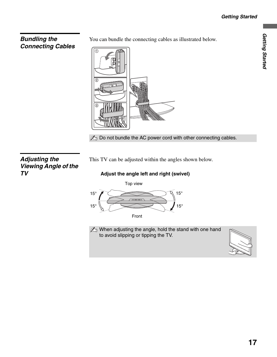 Bundling the connecting cables, Adjusting the viewing angle of the tv | Sony KDL-40S20L1 User Manual | Page 17 / 48