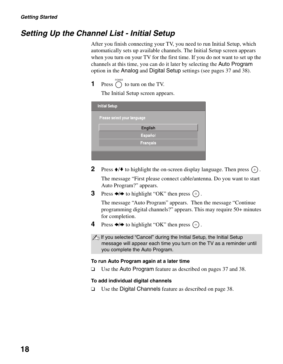 Setting up the channel list - initial setup, 18 setting up the channel list - initial setup | Sony KDL-40S20L1 User Manual | Page 18 / 48