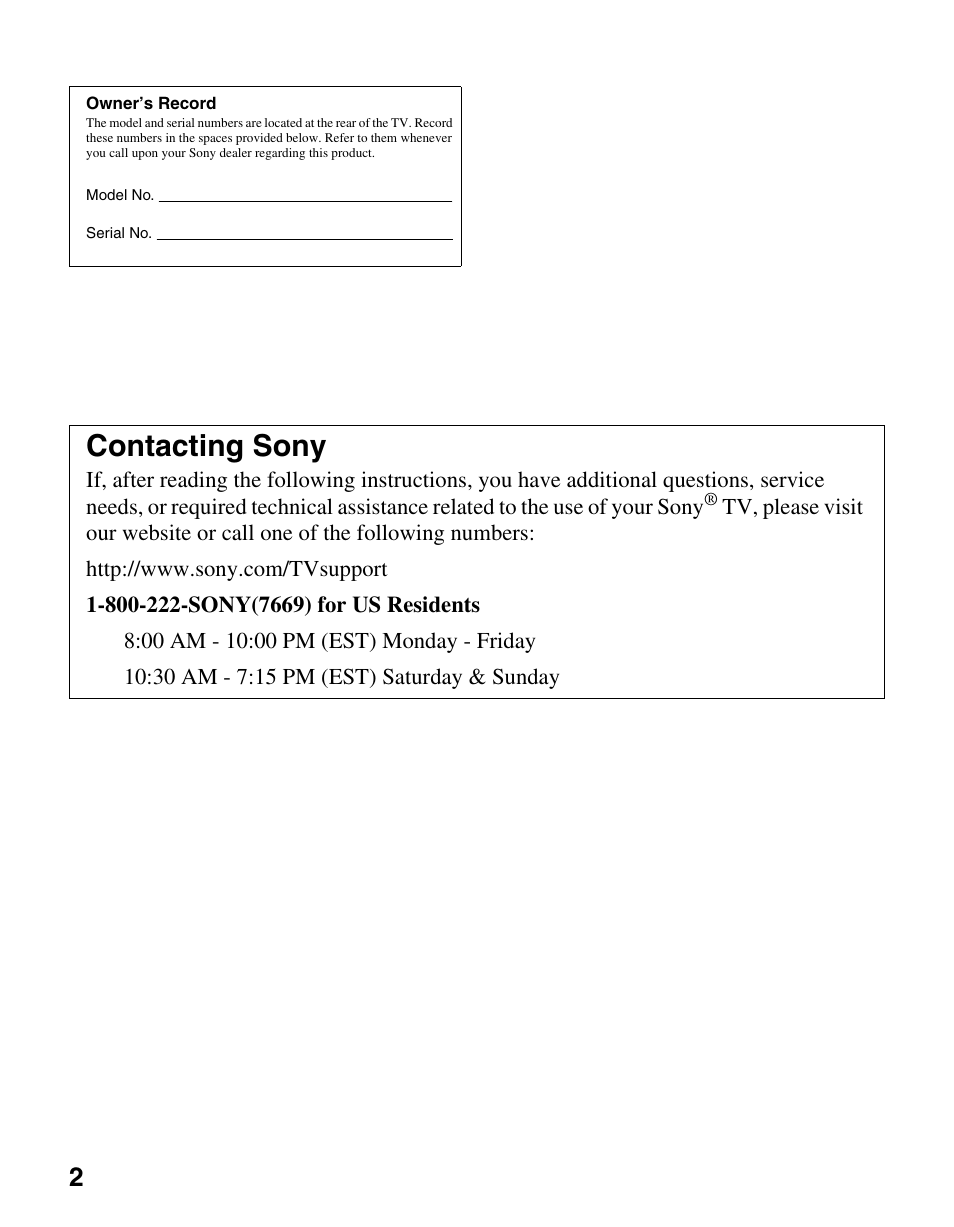 Contacting sony | Sony KDL-40S20L1 User Manual | Page 2 / 48