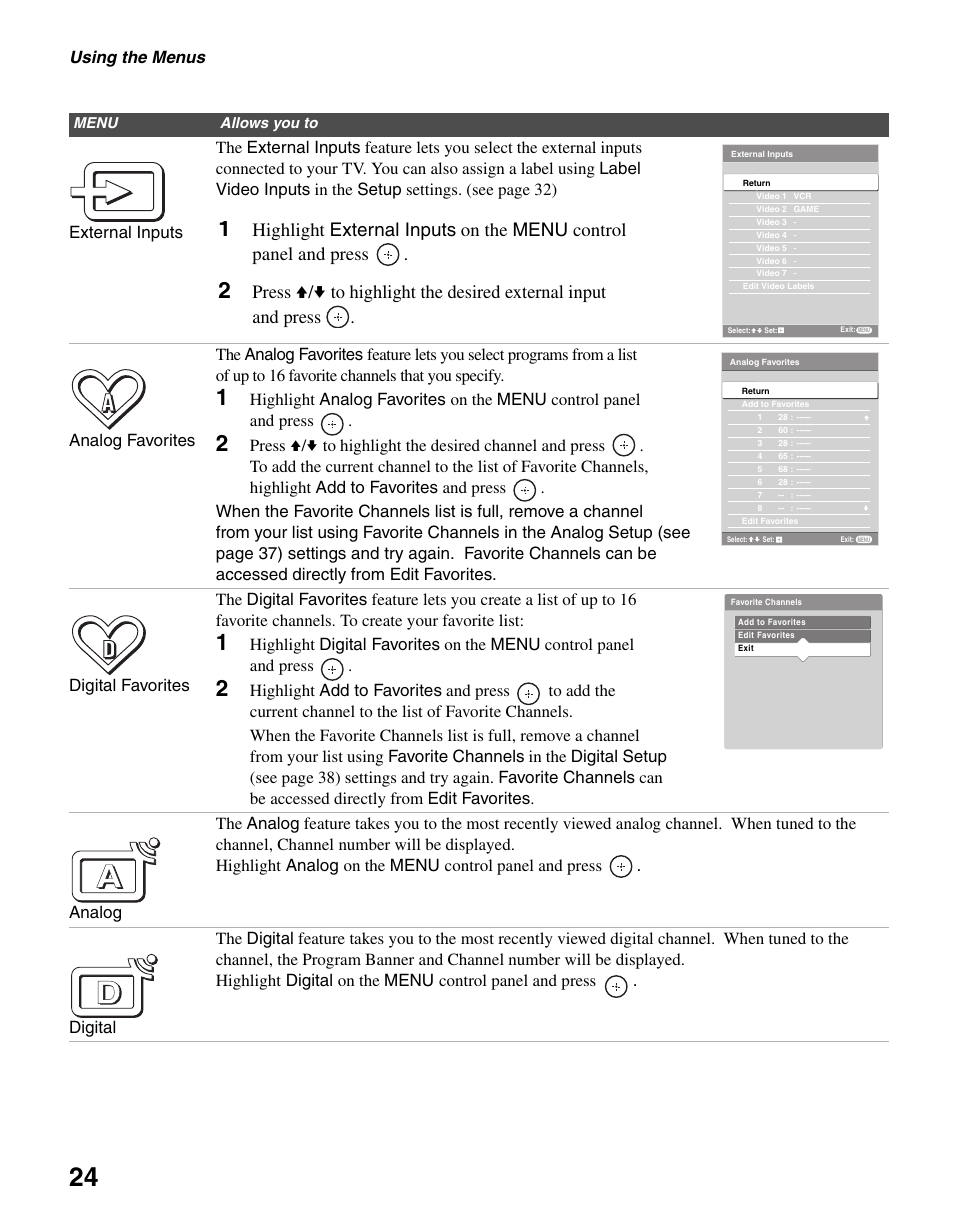 Using the menus | Sony KDL-40S20L1 User Manual | Page 24 / 48