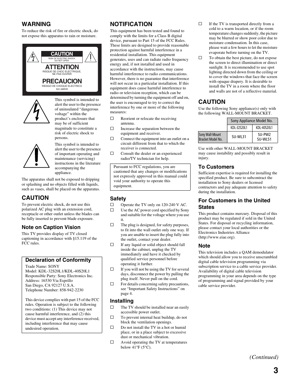 Attention, Precaucion, Warning | Caution, Notification, Continued) | Sony KDL-40S20L1 User Manual | Page 3 / 48