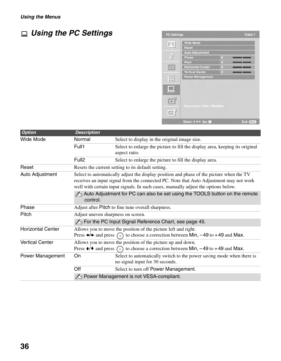 Using the pc settings, 36 using the pc settings | Sony KDL-40S20L1 User Manual | Page 36 / 48