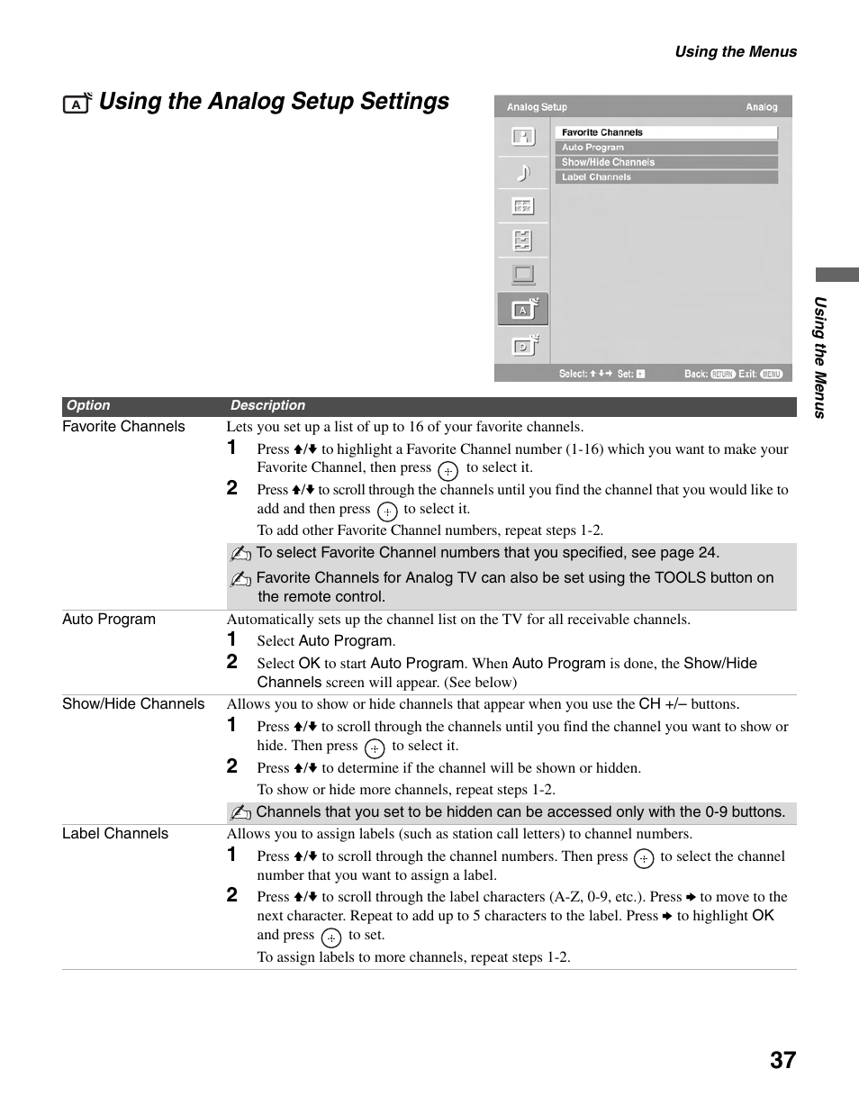 Using the analog setup settings | Sony KDL-40S20L1 User Manual | Page 37 / 48