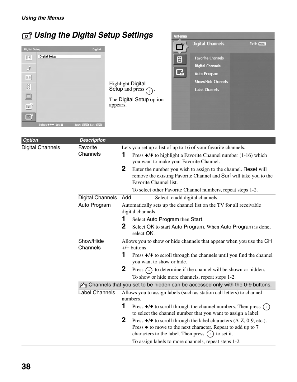 Using the digital setup settings, And 38), 38 using the digital setup settings | Sony KDL-40S20L1 User Manual | Page 38 / 48