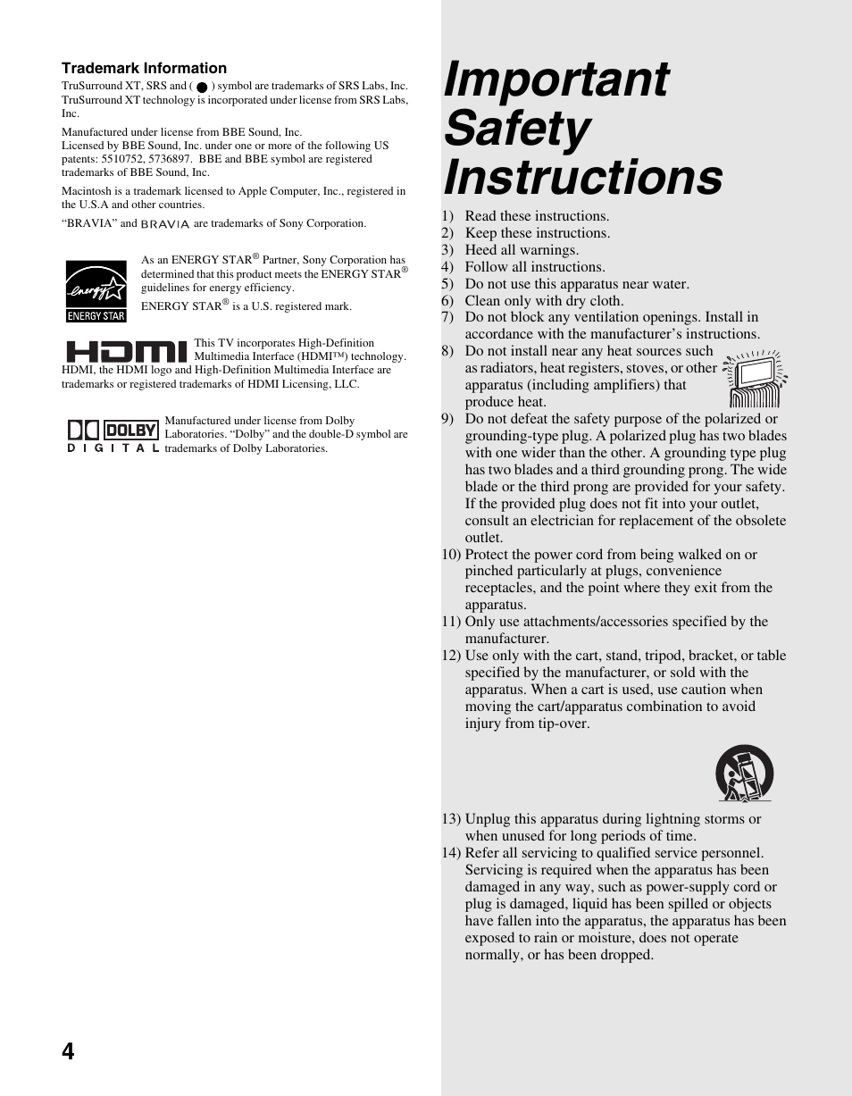 Important safety instructions | Sony KDL-40S20L1 User Manual | Page 4 / 48