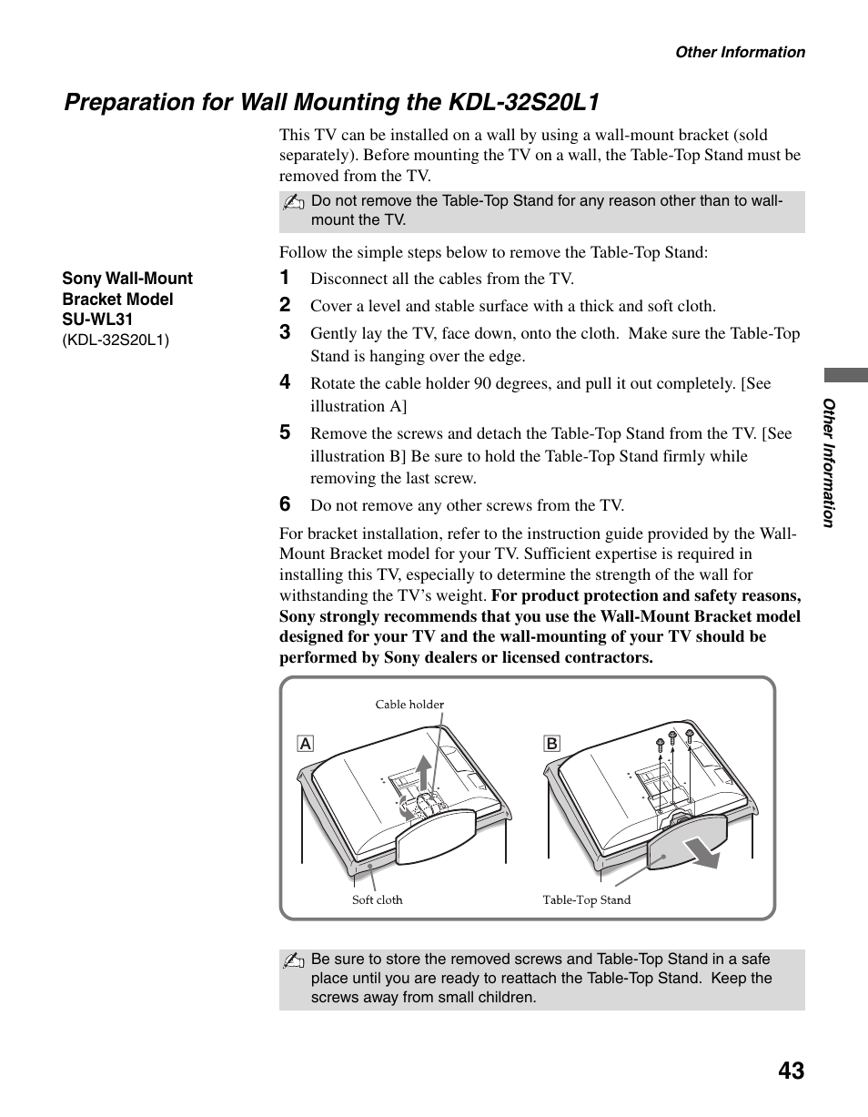 Preparation for wall mounting the kdl-32s20l1 | Sony KDL-40S20L1 User Manual | Page 43 / 48