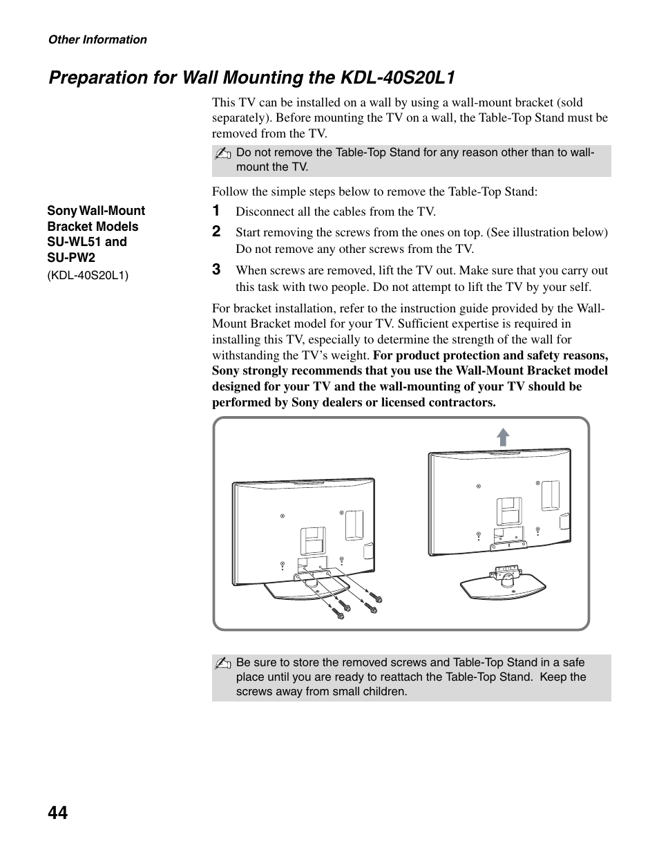 Preparation for wall mounting the kdl-40s20l1 | Sony KDL-40S20L1 User Manual | Page 44 / 48