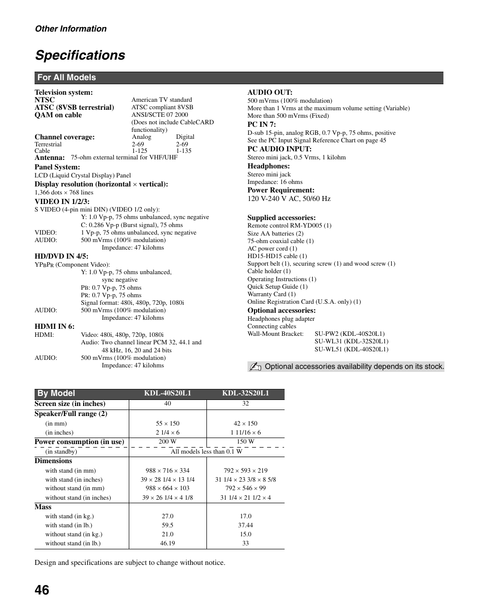 Specifications | Sony KDL-40S20L1 User Manual | Page 46 / 48