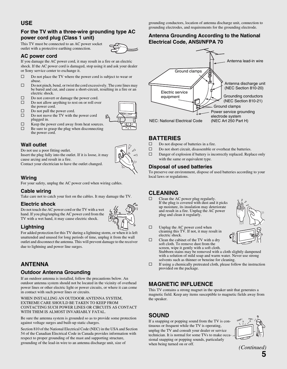 Antenna, Batteries, Cleaning | Magnetic influence, Sound, Continued) | Sony KDL-40S20L1 User Manual | Page 5 / 48