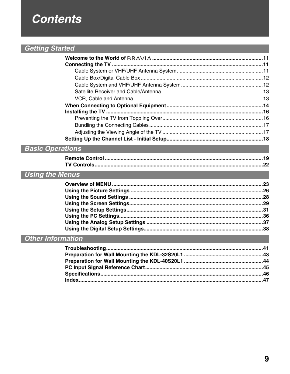Sony KDL-40S20L1 User Manual | Page 9 / 48
