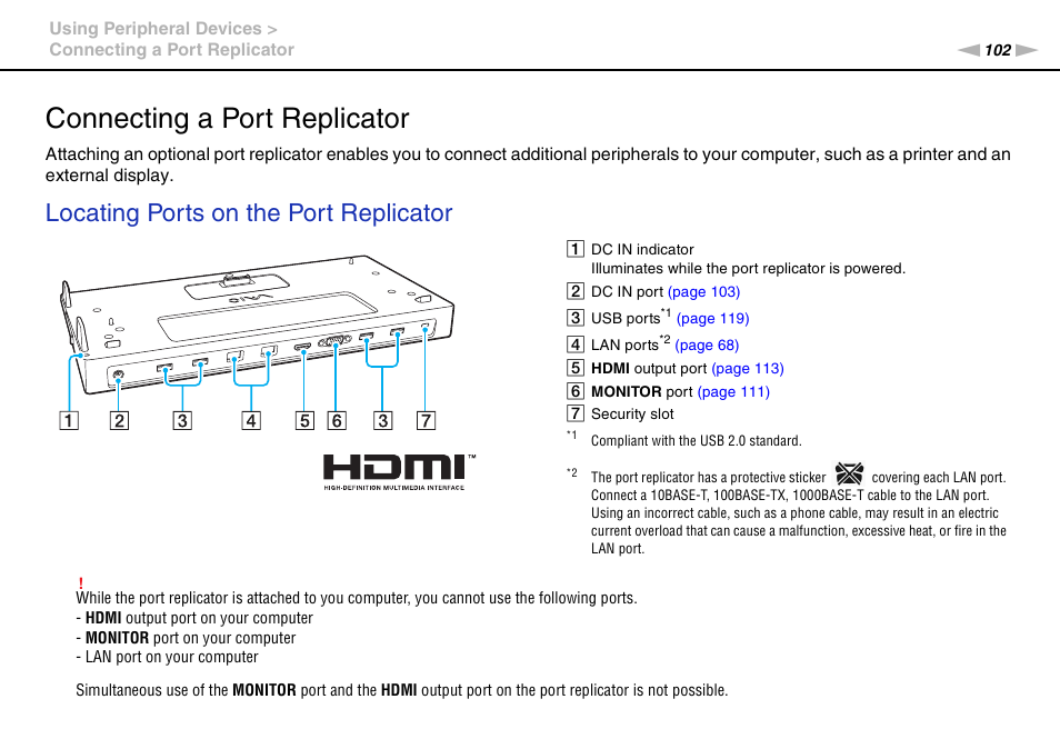 Connecting a port replicator, Locating ports on the port replicator | Sony VAIO VPCSB User Manual | Page 102 / 209
