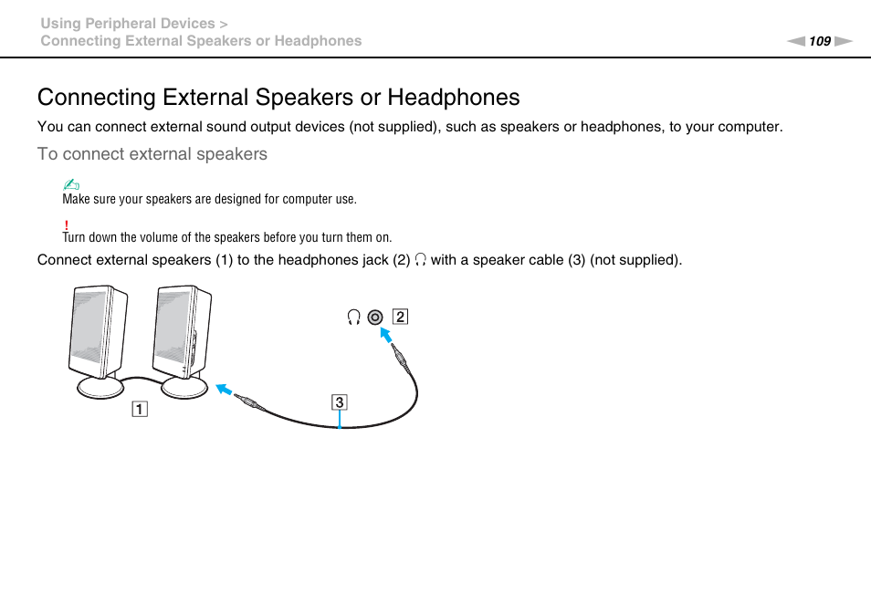 Connecting external speakers or headphones | Sony VAIO VPCSB User Manual | Page 109 / 209