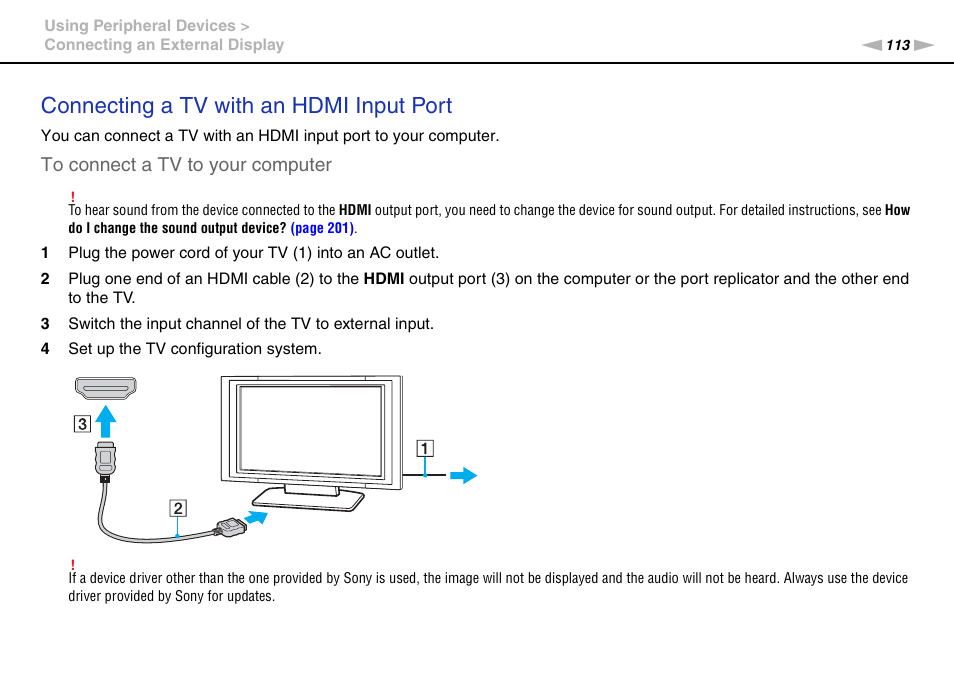 Connecting a tv with an hdmi input port | Sony VAIO VPCSB User Manual | Page 113 / 209