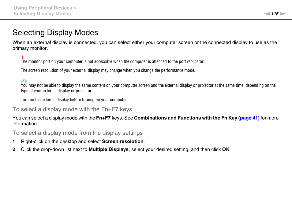 Selecting display modes | Sony VAIO VPCSB User Manual | Page 116 / 209