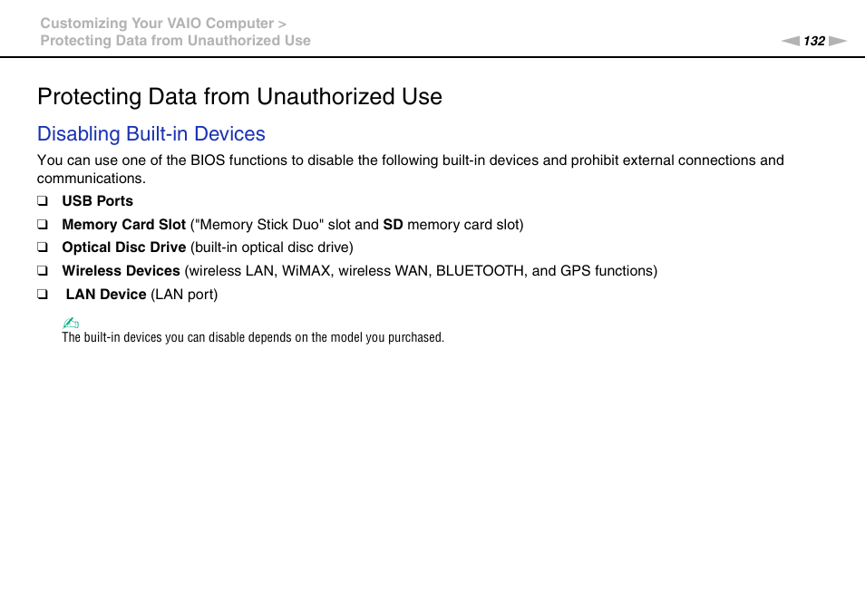 Protecting data from unauthorized use, Disabling built-in devices | Sony VAIO VPCSB User Manual | Page 132 / 209