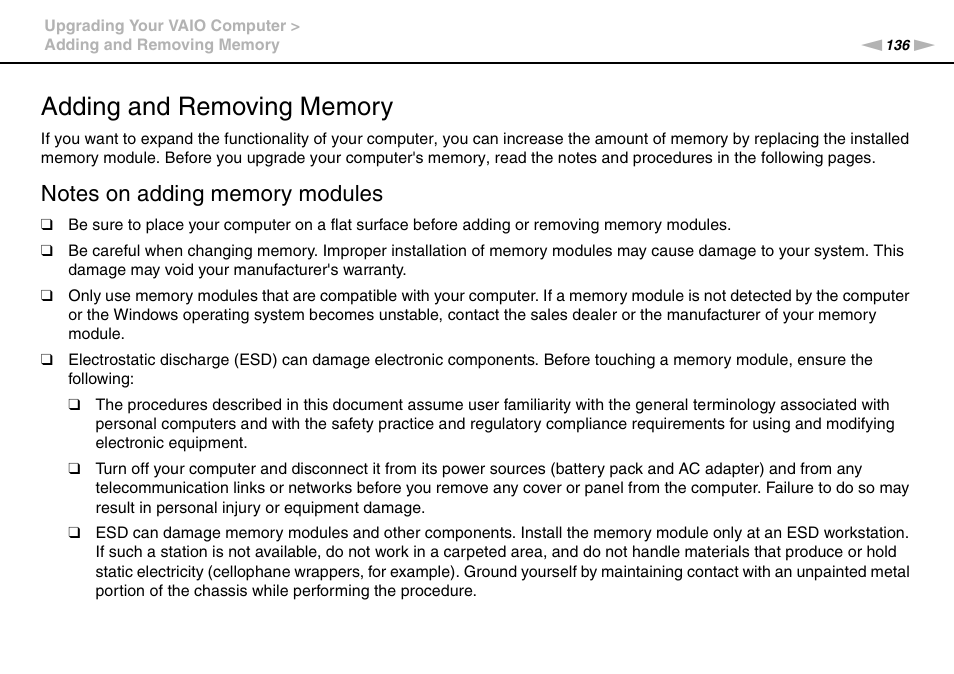 Adding and removing memory | Sony VAIO VPCSB User Manual | Page 136 / 209