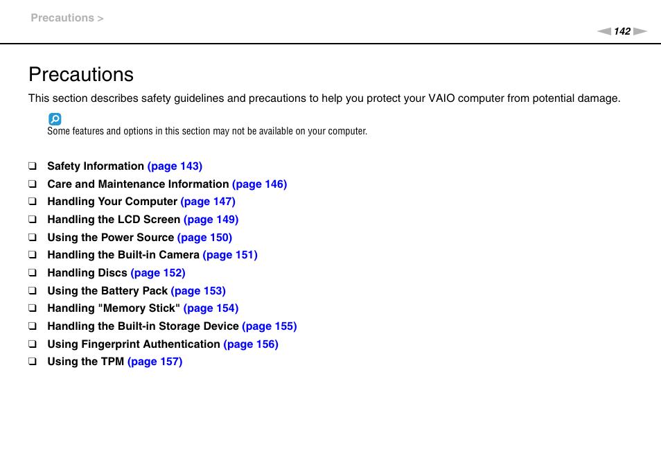 Precautions | Sony VAIO VPCSB User Manual | Page 142 / 209