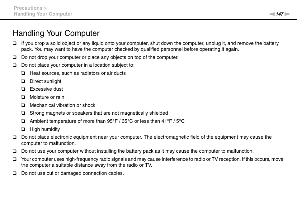 Handling your computer | Sony VAIO VPCSB User Manual | Page 147 / 209