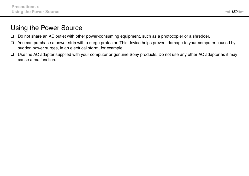 Using the power source | Sony VAIO VPCSB User Manual | Page 150 / 209